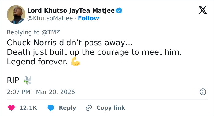 Tweet praising Chuck Norris as a legend, inspiring memes resurging as fans pay loving tribute to the late icon.