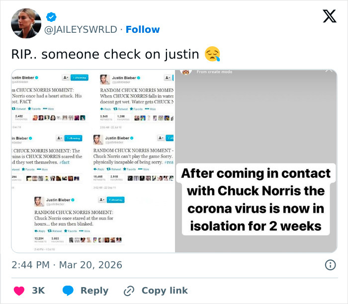 Screenshot of social media posts sharing the best Chuck Norris memes as fans pay tribute to the late icon.