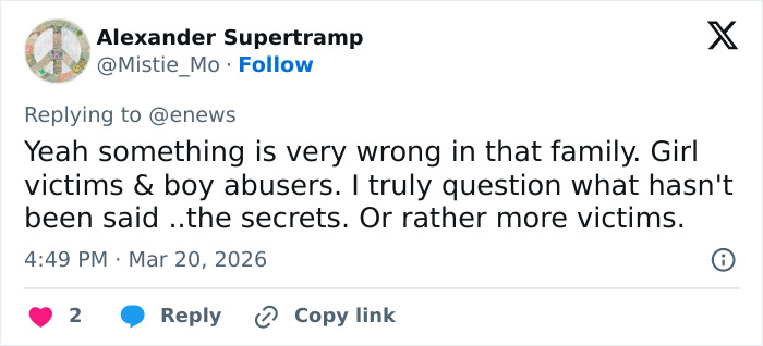 Tweet discutindo segredos de família e vítimas ligadas à irmã de Joseph Duggar, Jill, falando após a prisão do irmão Tweet discutindo segredos de família e vítimas ligadas à irmã de Joseph Duggar, Jill, falando após a prisão do irmão