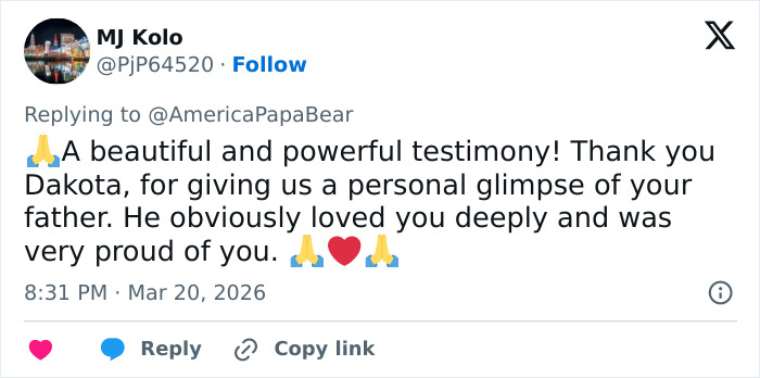 Tweet expressando gratidão pelo testemunho sincero dos filhos de Chuck Norris após a morte repentina de seu pai.