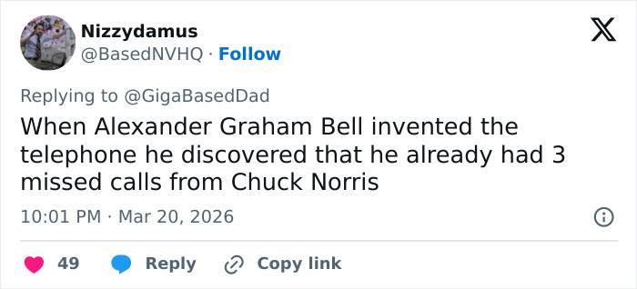 Tweet text showing a Chuck Norris meme joking about missed calls from Chuck Norris, highlighting popular Chuck Norris memes.