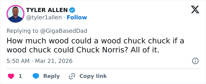 Tweet from Tyler Allen humorously referencing Chuck Norris in a viral meme as fans share the best Chuck Norris memes.