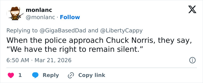 Tweet featuring a Chuck Norris meme about police rights, highlighting popular Chuck Norris memes and fan tributes.