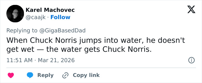 Tweet displaying a Chuck Norris meme about water, highlighting the best Chuck Norris memes shared by fans in tribute.