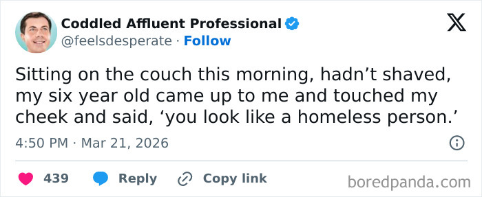 Screenshot of a tweet where a man shares how his six-year-old accidentally roasted him by saying he looked homeless.