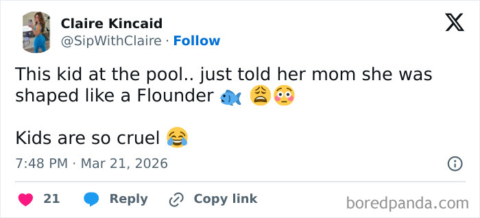 Screenshot of a tweet showing a kid accidentally roasted a grown-up by comparing her shape to a flounder at the pool.