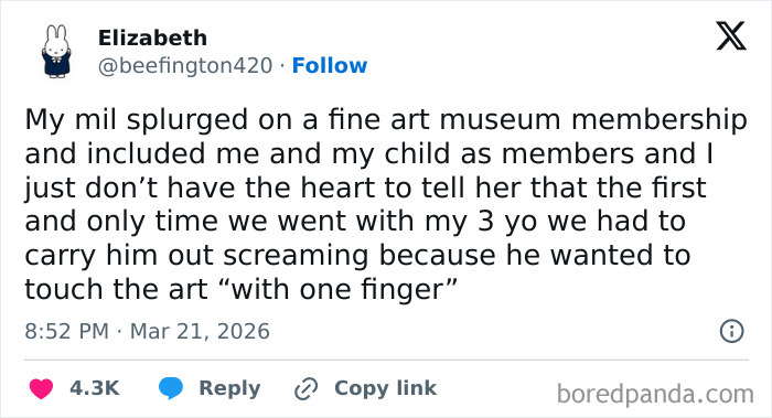 Tweet from a parent sharing a funny and honest struggle about taking a toddler to a fine art museum membership.