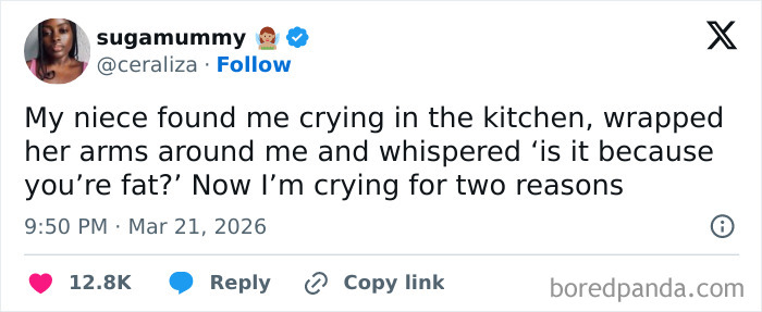 Screenshot of a social media post showing an adult getting accidentally roasted by a kid with no filter about weight.