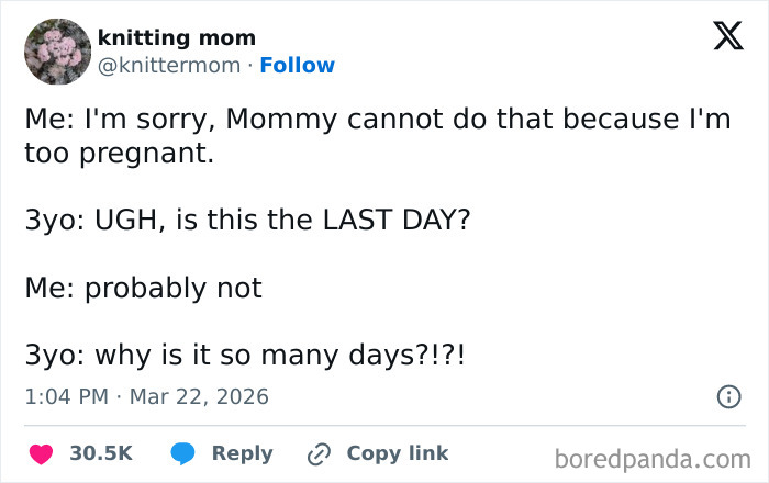 Tweet from a funny and honest parent sharing struggles of parenting a 3-year-old about pregnancy and patience.