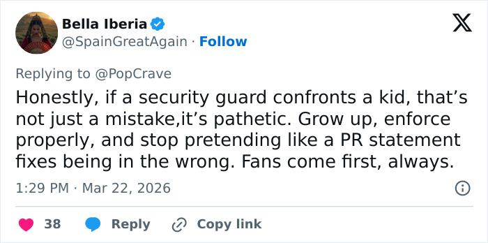 Tweet from Bella Iberia criticizing security guard behavior related to Chappell Roan and Jude Law's daughter backlash. Tweet from Bella Iberia criticizing security guard behavior related to Chappell Roan and Jude Law's daughter backlash.