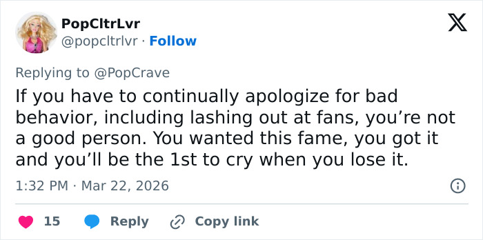 Twitter post criticizing Chappell Roan for behavior after backlash involving Jude Law's daughter, discussing apologies and fame consequences. Twitter post criticizing Chappell Roan for behavior after backlash involving Jude Law's daughter, discussing apologies and fame consequences.