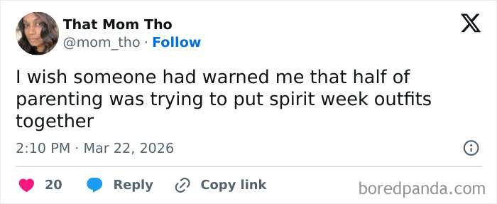 Screenshot of a Twitter post about honest parents sharing struggles of parenting including spirit week outfits challenges.