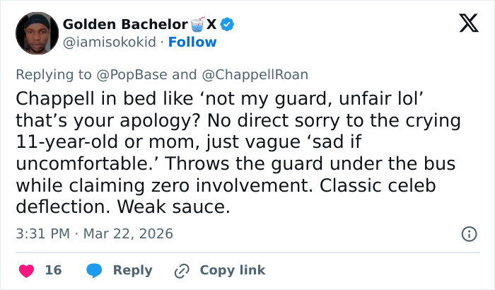 Tweet criticizing Chappell Roan's response after backlash involving Jude Law's 11-year-old daughter and emotional distress. Tweet criticizing Chappell Roan's response after backlash involving Jude Law's 11-year-old daughter and emotional distress.