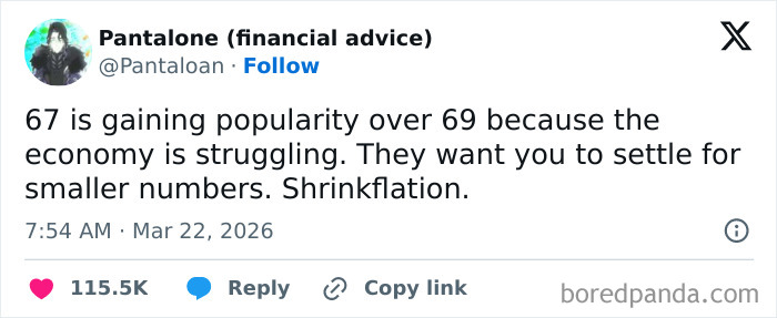 Tweet about economy struggles and shrinkflation with humor, reflecting the US internet’s comedic take in March.