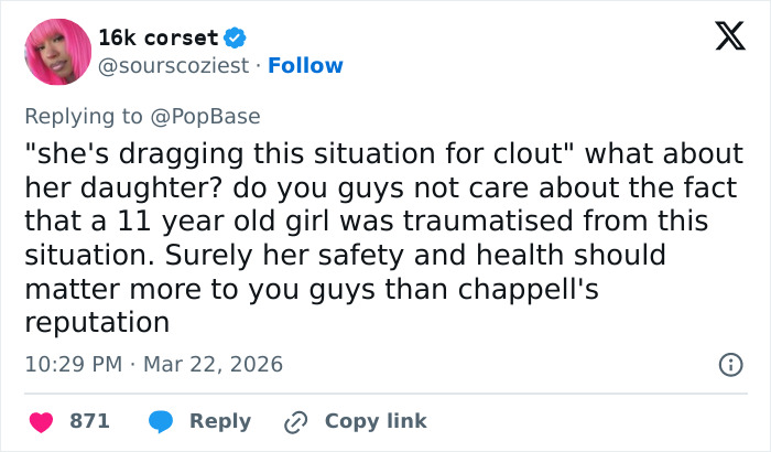 Screenshot of a tweet criticizing Chappell Roan over bodyguard incident involving Jude Law's ex and her daughter safety.