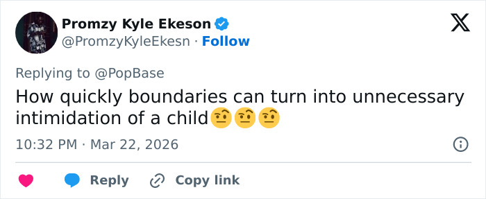 Tweet by Promzy Kyle Ekeson discussing boundaries and intimidation related to Jude Law's ex and Chappell Roan incident.