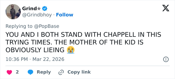 Tweet supporting Chappell Roan during dispute involving Jude Law's ex, mentioning the mother's alleged dishonesty and emotional response.