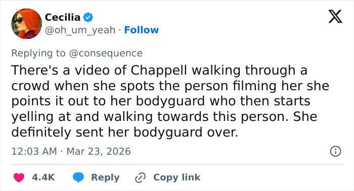 Tweet discussing Chappell Roan&rsquo;s bodyguard berating a person filming her, involving Jude Law&rsquo;s ex calling out the singer.
