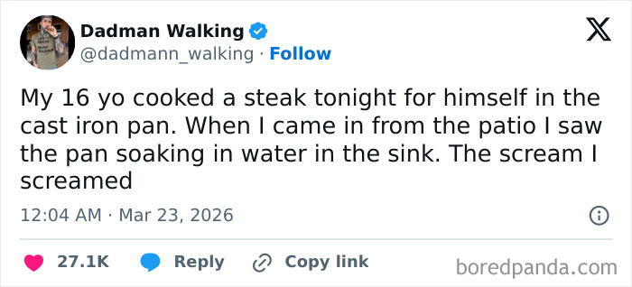 Tweet about a 16-year-old cooking steak and the relatable struggles shared by honest parents on social media.