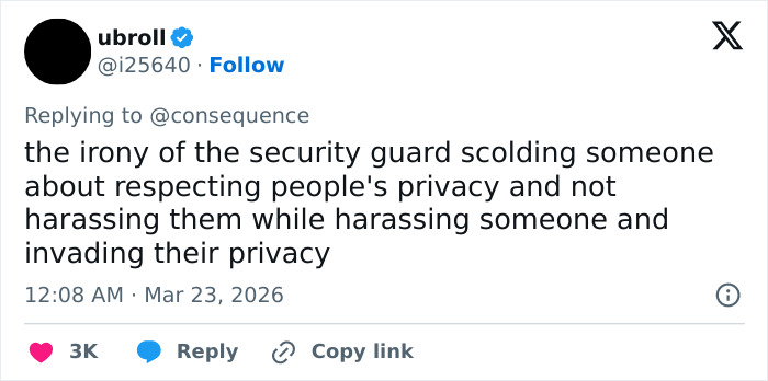 Tweet highlighting the irony of a bodyguard berating while invading privacy amid Chappell Roan controversy.