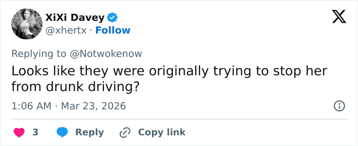 Tweet de XiXi Davey questionando se foram feitas tentativas de impedir uma mulher de 20 anos de Kentucky de dirigir embriagada.