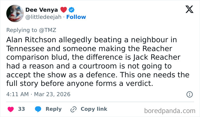 Tweet discussing Alan Ritchson under investigation after altercation caught on video related to Reacher series controversy.