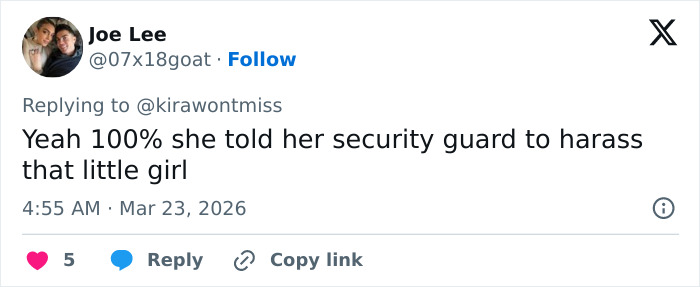 Tweet from user Joe Lee commenting on Chappell Roan siccing security on a fan, referencing backlash over treatment of Jude Law's daughter. Tweet from user Joe Lee commenting on Chappell Roan siccing security on a fan, referencing backlash over treatment of Jude Law's daughter.