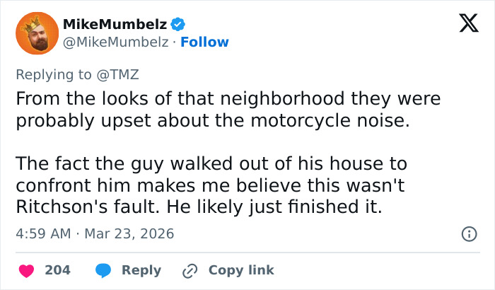 Tweet by Mike Mumbelz discussing Reacher star Alan Ritchson and an altercation caught on video.