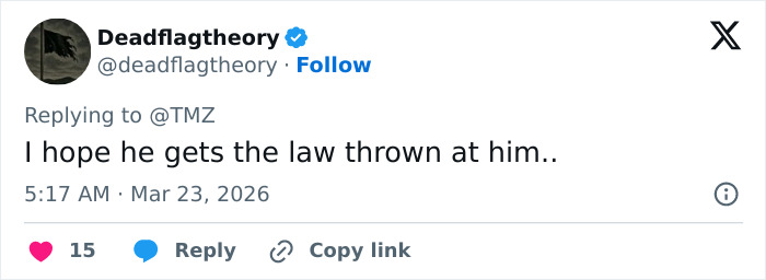 Tweet from user Deadflagtheory commenting on legal consequences for Reacher star Alan Ritchson after video of altercation.