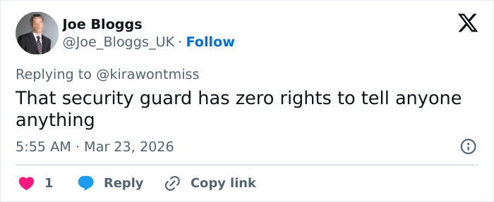 Tweet from Joe Bloggs criticizing security guard’s actions amid Chappell Roan siccing security on fan controversy. Tweet from Joe Bloggs criticizing security guard’s actions amid Chappell Roan siccing security on fan controversy.