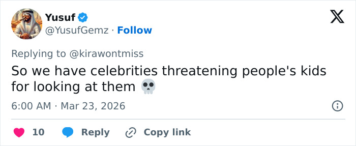 Tweet from Yusuf criticizing celebrities threatening fans’ kids, related to Chappell Roan siccing security on fan incident. Tweet from Yusuf criticizing celebrities threatening fans’ kids, related to Chappell Roan siccing security on fan incident.