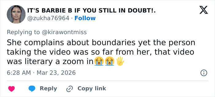 Tweet screenshot showing user discussing video boundaries amid backlash for Chappell Roan siccing security on fan incident. Tweet screenshot showing user discussing video boundaries amid backlash for Chappell Roan siccing security on fan incident.