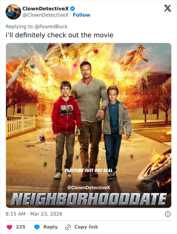 Alan Ritchson stands with two boys amid explosions, promoting a high-action scene related to Reacher star investigation.