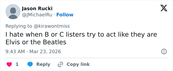 Tweet by Jason Rucki expressing dislike for B or C listers acting like Elvis or the Beatles amid Chappell Roan security fan clash. Tweet by Jason Rucki expressing dislike for B or C listers acting like Elvis or the Beatles amid Chappell Roan security fan clash.