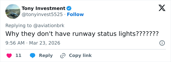 Tweet do usuário Tony Investment questionando a ausência de luzes de status da pista após o acidente do LaGuardia envolvendo comissário de bordo da Air Canada.