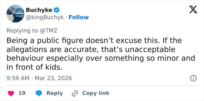 Screenshot of a tweet criticizing Reacher star Alan Ritchson amid investigation following an altercation caught on video.