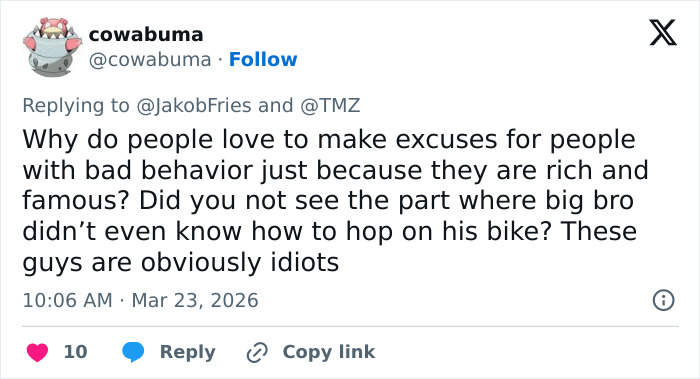 Social media comment criticizing behavior related to Reacher star Alan Ritchson after altercation video.