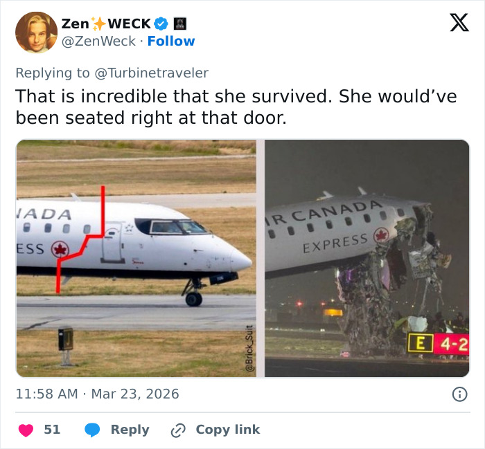 Comissário de bordo da Air Canada localizado após a queda do LaGuardia com graves danos à parte frontal do avião à noite.