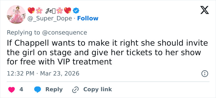 Tweet replying about Chappell Roan giving excuses for bodyguard berating Jude Law's ex's daughter with VIP show offer.