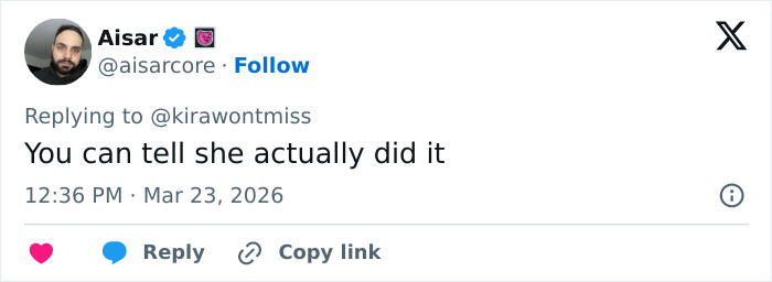 Twitter user Aisar replying to a comment about Chappell Roan siccing security on fan, posted on March 23, 2026. Twitter user Aisar replying to a comment about Chappell Roan siccing security on fan, posted on March 23, 2026.