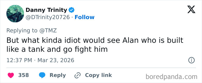 Tweet screenshot showing a user commenting on 'Reacher' star Alan Ritchson&rsquo;s altercation caught on video, under investigation.