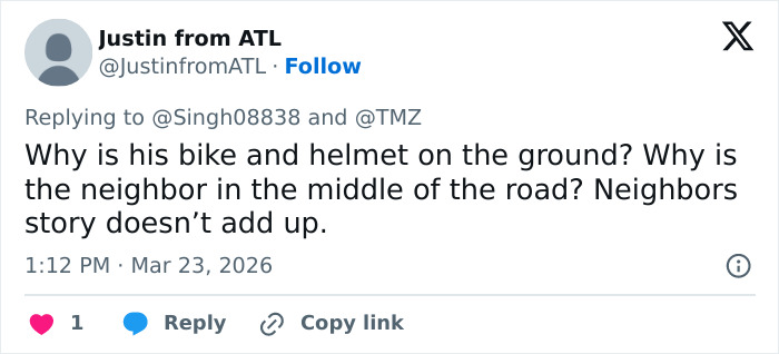 Tweet from Justin from ATL questioning details of an altercation involving Reacher star Alan Ritchson caught on video.