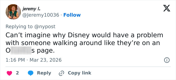 Tweet showing a user commenting on complaints about an inappropriate Disney World outfit sparking controversy online.