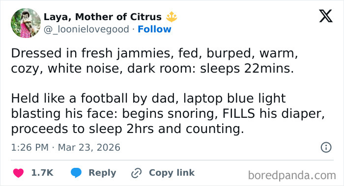 Tweet showing a funny and honest parent sharing struggles of parenting and sleep challenges with their child.