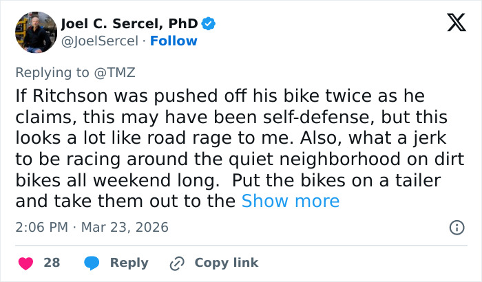 Tweet from Joel C. Sercel discussing Reacher star Alan Ritchson and a possible road rage altercation on a bike.