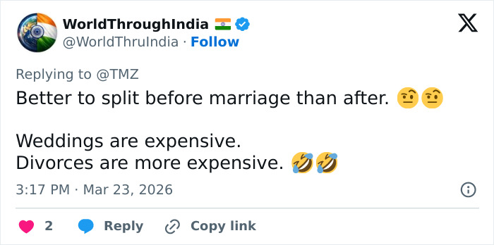 Tweet text about splitting before marriage, posted on Twitter with emojis, relating to Kelly Osbourne and fiancé Sid Wilson split.