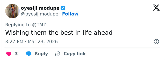 Tweet from oyesiji modupe wishing Kelly Osbourne and fiancé Sid Wilson the best following their reported split.