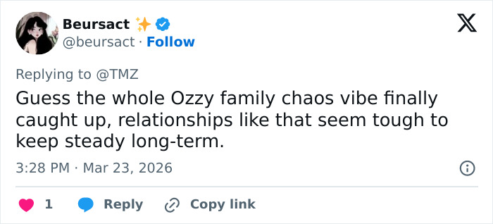 Tweet about Kelly Osbourne and fiancé Sid Wilson reportedly splitting amid her dramatic transformation and family chaos.