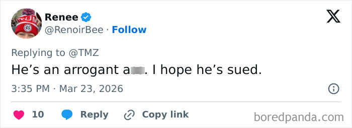 Tweet criticizing Reacher star Alan Ritchson amid investigation after altercation, posted by user Renee on social media.