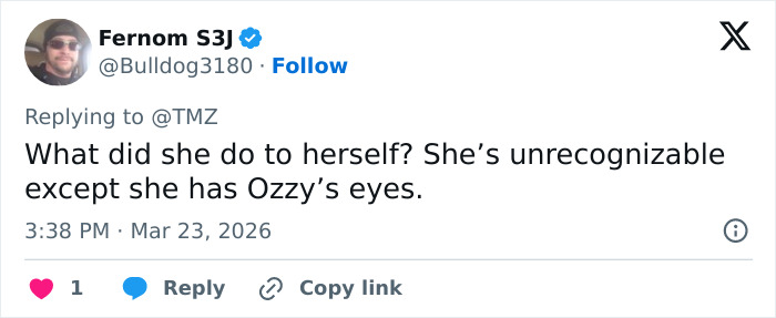 Tweet screenshot showing a comment on Kelly Osbourne and fiancé Sid Wilson's rumored split after her dramatic transformation.